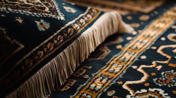 Intricate details of a traditional woven carpet showcasing craftsmanship and rich patterns in a cozy setting photo