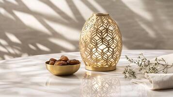 Decorative lantern and bowl of dates create an inviting atmosphere on a marble table in bright natural light photo
