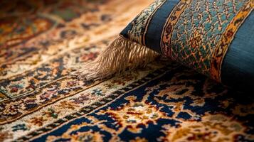 Intricate patterns and textures of handcrafted rug and pillow in cozy interior setting during afternoon light photo