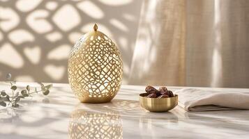Elegant golden lantern beside a bowl of dates on a marble surface with soft natural light and shadow patterns during a quiet afternoon photo