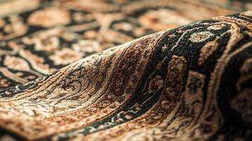 Intricate details of a traditional handcrafted rug showcasing rich patterns and textures in warm colors and elegant designs photo