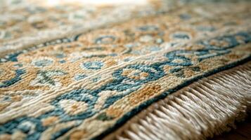 Detailed close-up of a handmade rug showcasing intricate patterns and textures in warm colors photo