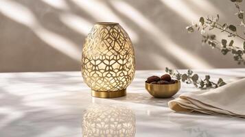 Elegant golden lamp casting intricate shadows on a tabletop with decorative bowl and greenery photo
