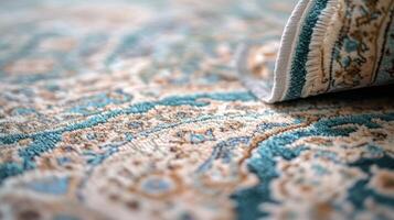 Intricate design of a rolled-up carpet showcasing detailed patterns in a home setting during daylight photo
