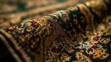 Detailed view of a traditional rug showcasing intricate patterns and rich colors in a cozy interior setting photo