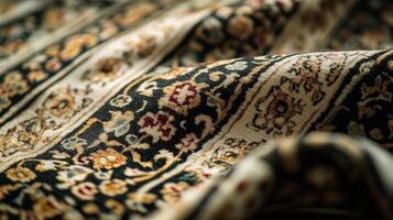 Detailed view of a richly patterned textile showcasing intricate floral designs and colors in a traditional woven fabric photo