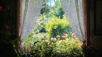 Brightly lit garden view through lace curtains on a sunny day by a cozy window photo