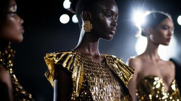 Elegant models showcase luxurious golden fashion during a high-end runway show in an upscale location photo