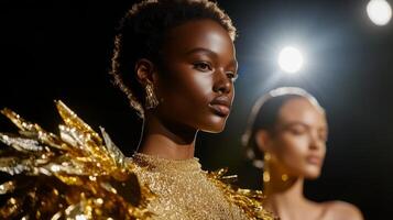 Model showcasing glamorous gold outfit on the runway during a fashion event at night photo
