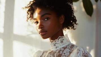 Portrait of a young woman in a lace dress illuminated by soft evening light in an indoor setting photo