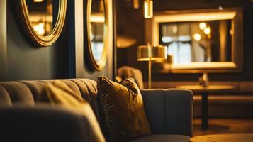 Cozy seating area with elegant decor and warm lighting in a modern lounge at night photo