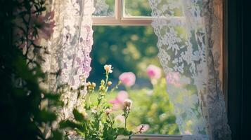 Morning sunlight filters through lace curtains into a garden filled with colorful flowers and greenery photo