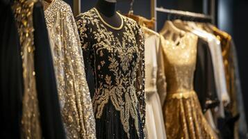 Elegant evening gowns displayed in a boutique showcasing intricate designs and luxurious fabrics in a fashionable setting photo