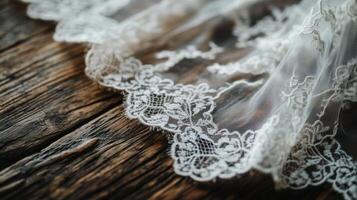 Delicate lace fabric draped elegantly on a rustic wooden surface in soft natural lighting creating a serene atmosphere photo