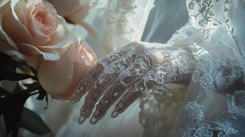 Elegant bridal hand adorned with lace gloves and delicate roses in soft lighting photo