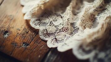 Delicate lace drapes elegantly over a rustic wooden surface, showcasing intricate patterns and textures photo