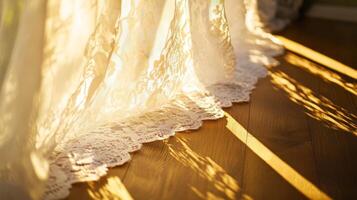 Sunlight streaming through lace curtains creates enchanting shadows on polished wooden floor photo