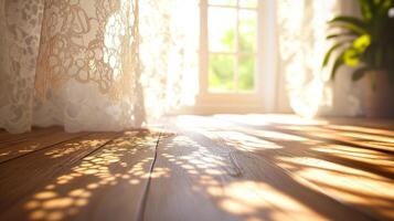 Sunlight pours through lace curtains onto a wooden floor in a serene indoor space with plant life photo