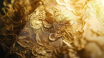 Intricate golden lace fabric showcases floral patterns in delicate embroidery photo