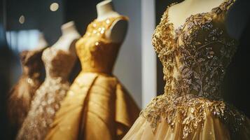 Elegant evening gowns showcased in a fashion display featuring intricate designs and embellishments photo