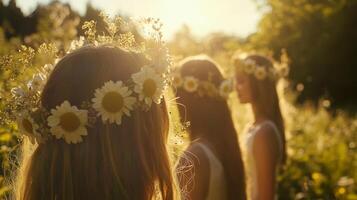 Three girls wearing flower crowns stand in a sunlit field surrounded by greenery during a warm summer evening photo