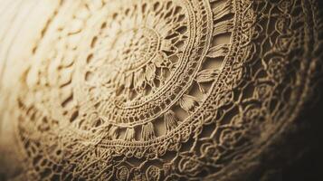 Intricate lace design displayed under soft lighting, highlighting its detailed craftsmanship and texture in a cozy setting photo