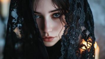 Mysterious young woman with dark lace veil and captivating green eyes at candlelit setting photo
