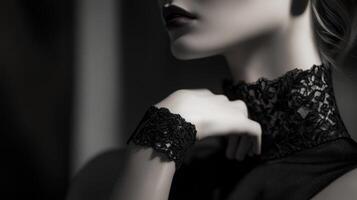 Dark elegance on display with lace details highlighting a stylish figure in a soft light setting photo