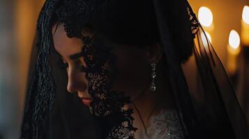 Woman in elegant black lace veil poses thoughtfully near flickering candles in a dimly lit space photo