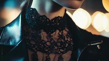 Stylish close-up of a person wearing a leather jacket with intricate lace detailing at night in an urban setting photo
