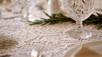 Elegant table setting adorned with crystal glassware and lace tablecloth for a festive gathering in a cozy dining space photo