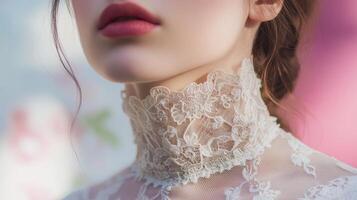 Elegant close-up of a woman wearing delicate lace choker at a floral backdrop during a daytime event photo