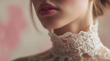Close-up of a woman's neck adorned with intricate lace detailing in a softly lit environment photo