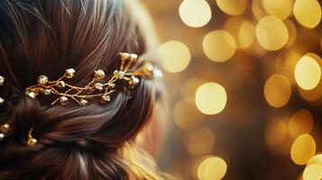 Sparkling hair accessory enhances elegant updo in softly lit setting photo