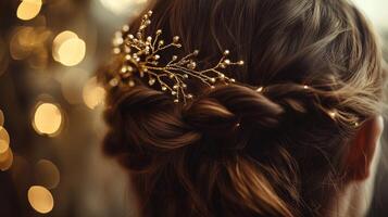 Elegant hairstyle with golden hair accessory against a backdrop of soft glowing lights during an evening event photo