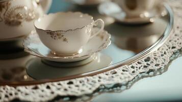 Elegant vintage tea set displayed on a reflective surface with delicate lace trim in a cozy setting photo