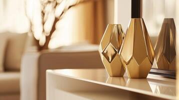 Elegant gold vases enhance the modern living room decor in warm afternoon light photo