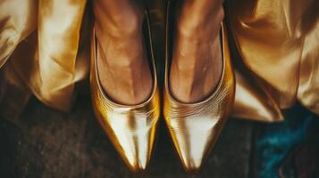 Shiny golden high heels worn by a person with elegant attire at a special event outdoors photo