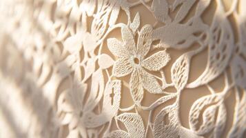 Intricate lace detail showcasing floral patterns illuminated by soft light in a textile setting photo