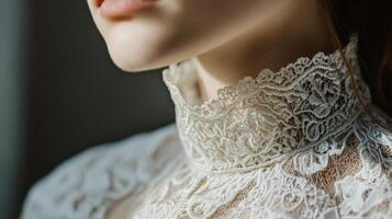 Elegant close-up of a woman wearing a vintage lace collar in soft natural light at home photo