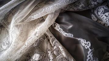 Intricate lace detail arranged artfully on a soft fabric background highlighting elegance and texture photo