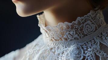 Close-up of intricate lace collar highlighting textile craftsmanship and elegant design in soft lighting photo