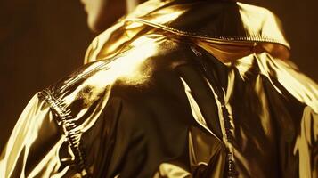 Stylish model showcases shimmering gold jacket in a dramatic lighting setup during a fashion photoshoot photo