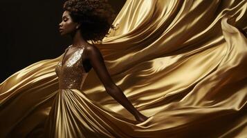 Elegant model in flowing gold gown showcasing movement and beauty during an artistic photoshoot photo