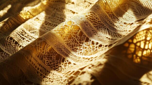 Delicate lace fabric with intricate patterns illuminated by soft sunlight streaming through the window photo