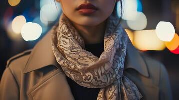 Woman in stylish trench coat and patterned scarf stands amidst city lights during evening photo