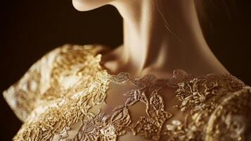 Elegant close-up of intricate lace detailing on a gown with a soft focus on the neckline and shoulders illuminated by warm lighting photo