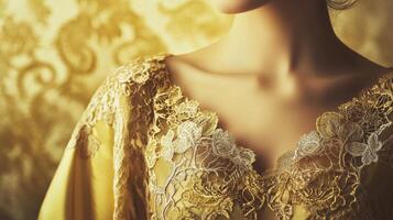 Elegant yellow garment adorned with intricate embroidery in a luxurious setting captures stunning details of fashion design photo