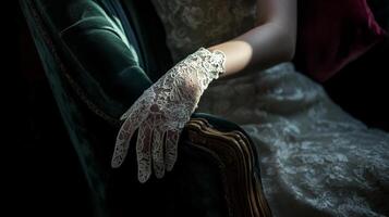 Lace glove resting on an ornate chair in a dimly lit vintage setting photo