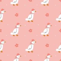 Cute spring pattern in retro style. White geese or ducks in hats with bows and daisies on a pink background. vector